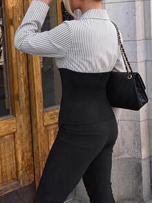 Lavishia 女款優雅針織與梭織拼接條紋襯衫，適合教師節/工作襯衫/休閒優雅格紋不對稱下擺襯衫，適合通勤、日常休閒與時尚商務穿著/秋季女裝/返校季/教師穿搭/外出上衣/商務休閒女裝/條紋襯衫/商務休閒女裝/教師襯衫 - 彩色 - 查看 3