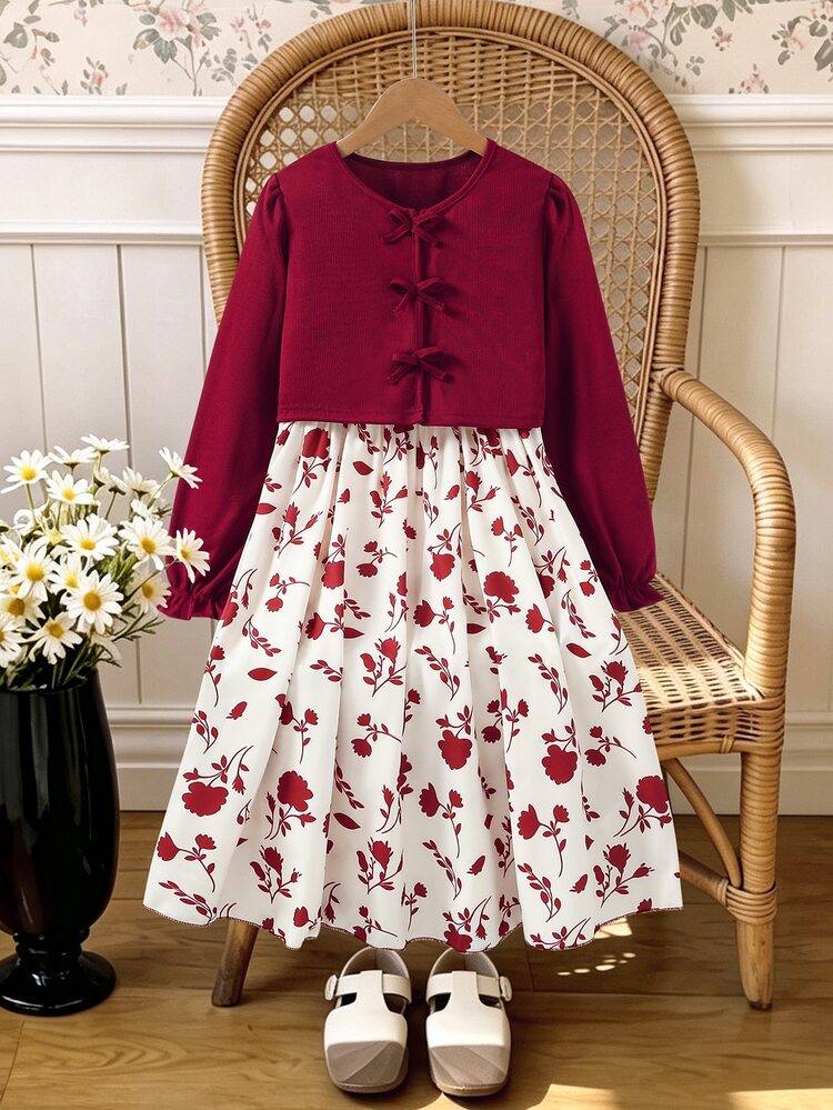 SHEIN Setelan 2 Potong untuk Anak Perempuan Remaja: Kardigan Rajut Bergaris dengan Pita dan Gaun Cami Motif Bunga, Warna Burgundy Beige, Cocok untuk Pesta Musim Gugur, Lucu - MultiWarna - View 5