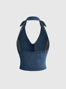 ROMWE Hippie Women's Denim Foil Print Halter Top - Multicolor - View 2