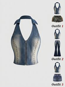 ROMWE Hippie Women's Denim Foil Print Halter Top - Multicolor - View 1