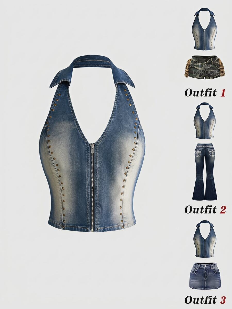 ROMWE Hippie Women's Denim Foil Print Halter Top - Multicolor - View 1