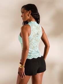 Opulessa Spring/Summer Vacation Solid Color Knit Lace Women's Top - Blue - View 2