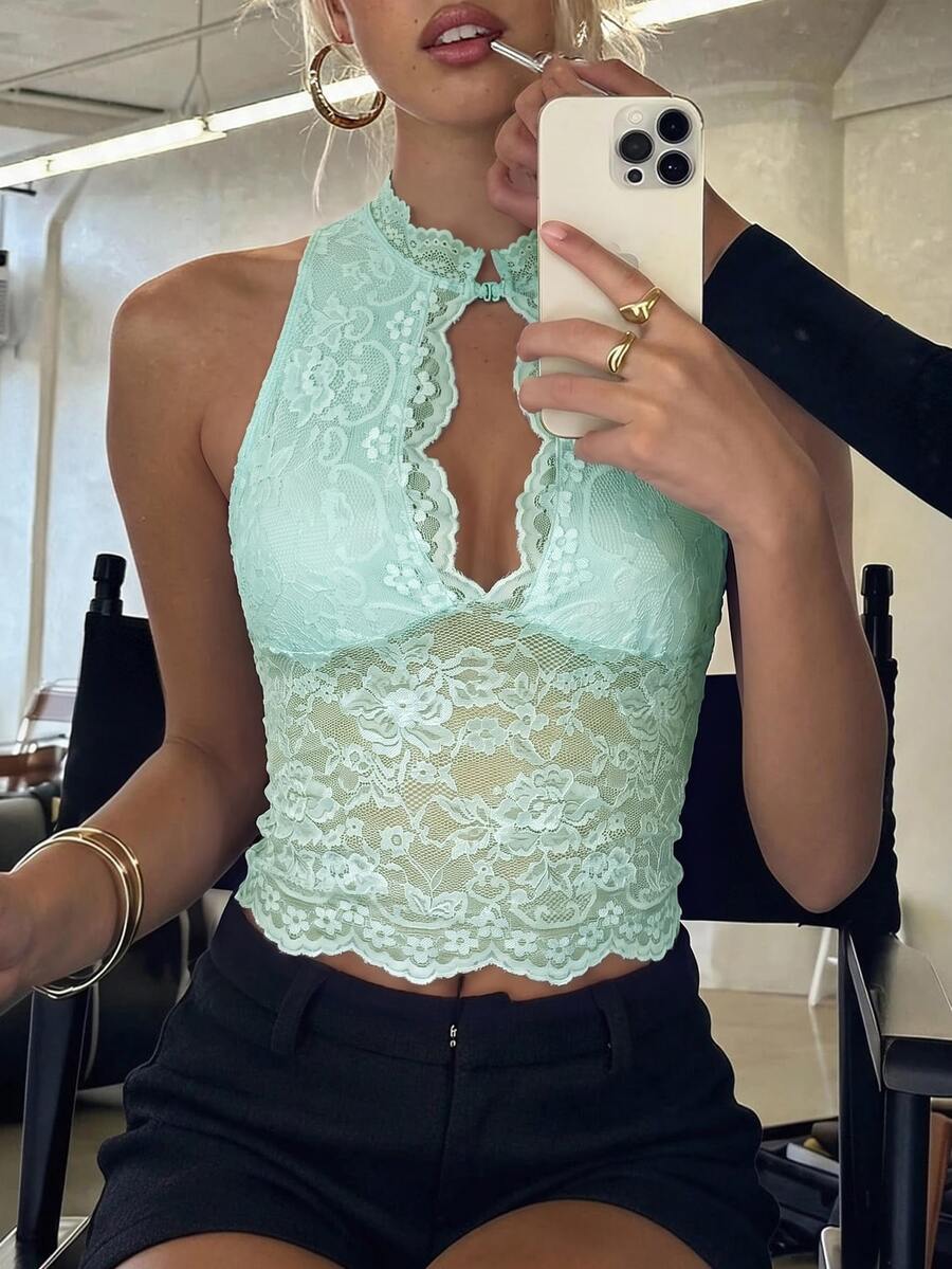 Opulessa Spring/Summer Vacation Solid Color Knit Lace Women's Top - Blue - View 1