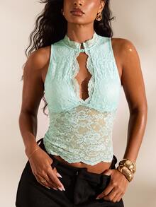 Opulessa Spring/Summer Vacation Solid Color Knit Lace Women's Top - Blue - View 5