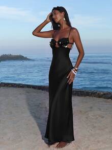 Opulessa Casual Solid Color Woven Spaghetti Strap Dress For Women - Black - View 4