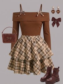 SHEIN Tween Girls Fall Outfits Fall Tops Fall 2pcs/Set Round Neck Fashion Elegant Cute Cool Girl T-Shirt Mini Set - Multicolor - View 1
