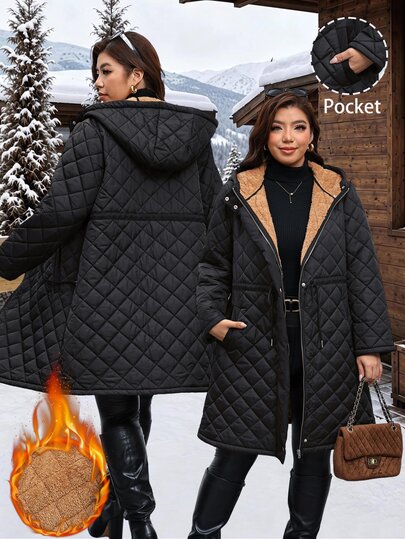 Reflora Plus Size Women's Long Sleeve Zip-Up Drawstring Waist Hooded Winter Jacket