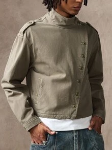 ROMWE MEN Men's Long Sleeve Single-Breasted Casual Versatile Denim Jacket - Army Green - View 5