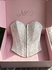 SHEIN MOD ملابس علوية نسائية بدون أكمام مطبوعة بالدانتيل مع أزرار أمامية عصرية - لون مشمشي - مشاهدة 2