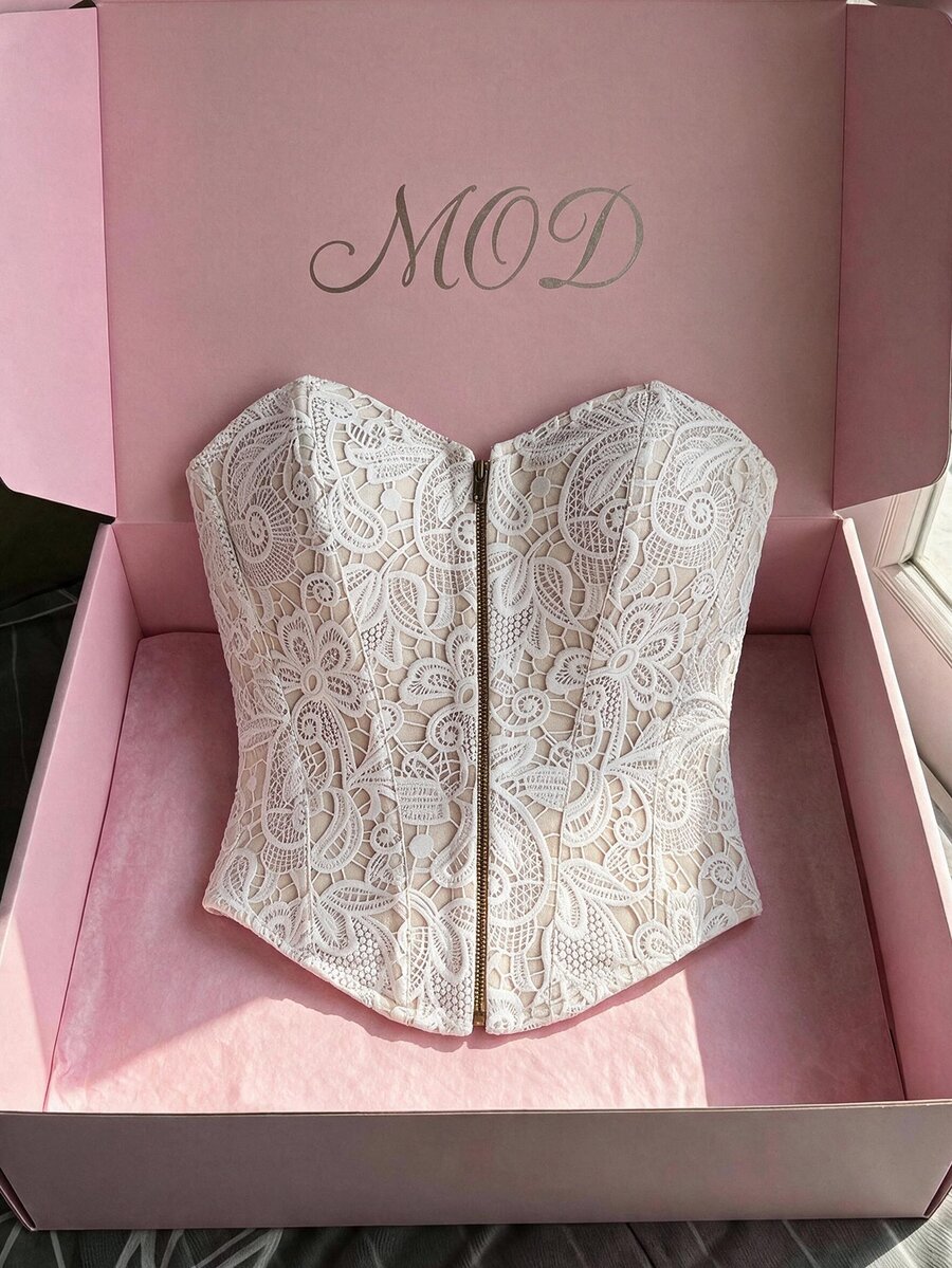 SHEIN MOD Women's Lace Printed Front Button Fashion Tube Top - Apricot - View 1