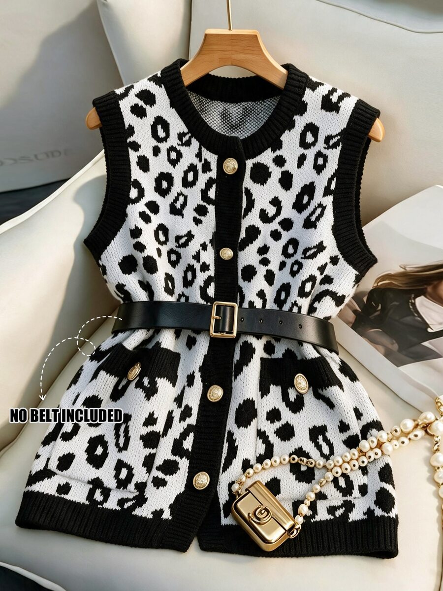 Selianne Chic Leopard Print Round Neck Women Knitted Cardigan Vest Top - Multicolor - View 1