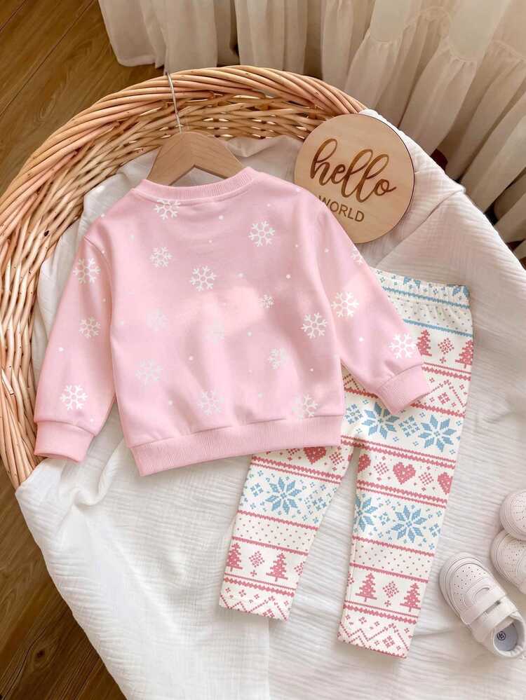 Sweet Soft Pink & Sweet Oatmeal White Fair Isle Pattern, Cute Little Penguin Print, Santa's Most Adorable Helper, Baby Girl Casual Comfortable Fleece Lined Crew Neck Sweatshirt & Brushed Leggings 2 Pieces Set, Suitable For Autumn/Winter Daily, Outings, Holiday Vacations, Bright Christmas Season, Relaxed Sweet Girl Outfit, Sister Matching, Cozy - Multicolor - View 5