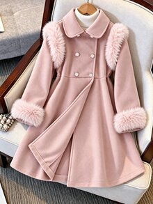 SHEIN Elladie kids 中大童款學院風可愛風格秋冬蝴蝶結收腰翻領優雅時尚夾克 正式場合/社團穿搭 灰粉色 - 淺粉色 - 查看 7