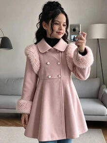 SHEIN Elladie kids 中大童款學院風可愛風格秋冬蝴蝶結收腰翻領優雅時尚夾克 正式場合/社團穿搭 灰粉色 - 淺粉色 - 查看 5