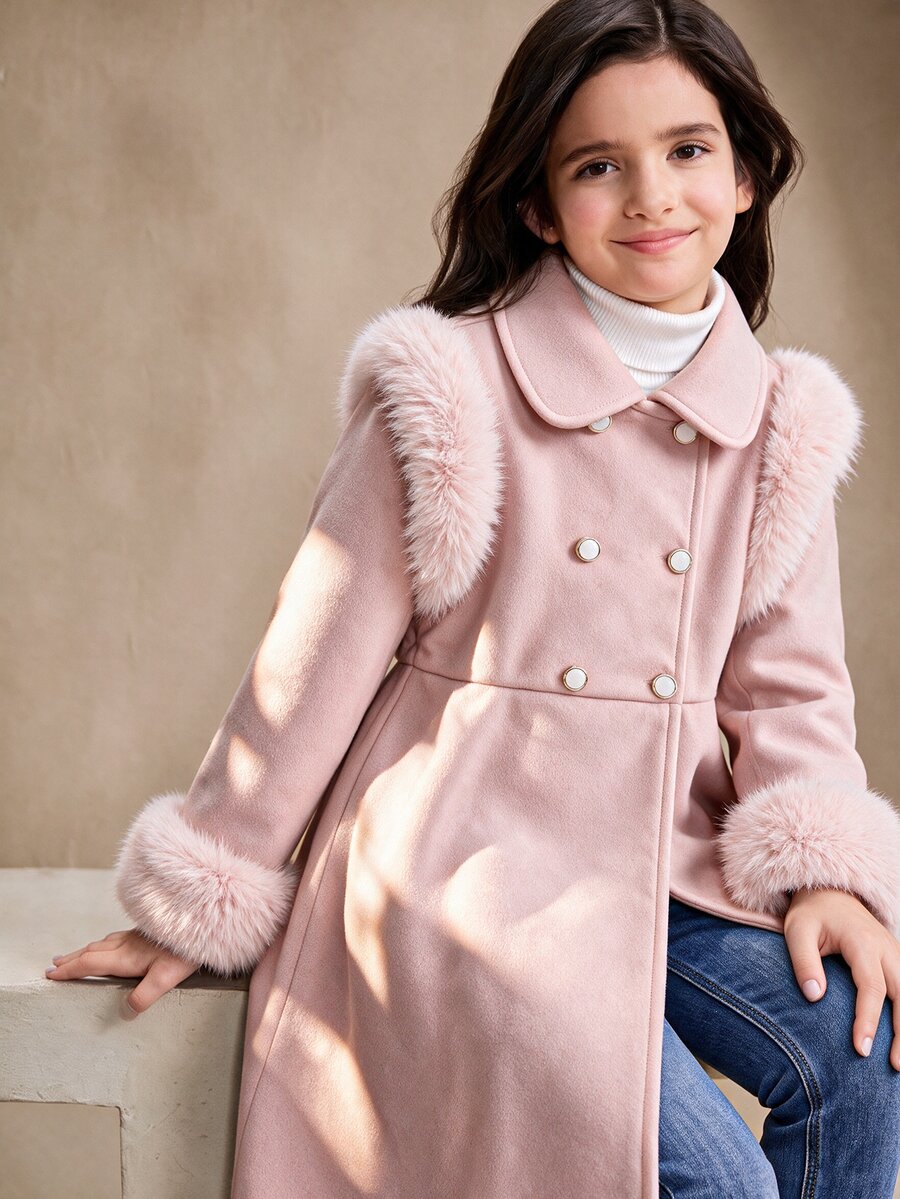 SHEIN Elladie kids 中大童款學院風可愛風格秋冬蝴蝶結收腰翻領優雅時尚夾克 正式場合/社團穿搭 灰粉色 - 淺粉色 - 查看 1