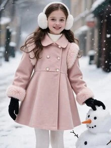 SHEIN Elladie kids 中大童款學院風可愛風格秋冬蝴蝶結收腰翻領優雅時尚夾克 正式場合/社團穿搭 灰粉色 - 淺粉色 - 查看 3