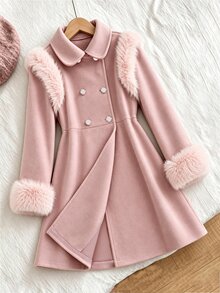 SHEIN Elladie kids 中大童款學院風可愛風格秋冬蝴蝶結收腰翻領優雅時尚夾克 正式場合/社團穿搭 灰粉色 - 淺粉色 - 查看 4