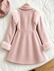 SHEIN Elladie kids 中大童款學院風可愛風格秋冬蝴蝶結收腰翻領優雅時尚夾克 正式場合/社團穿搭 灰粉色 - 淺粉色 - 查看 2