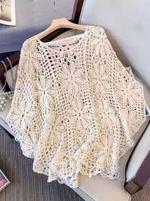 GlowEve CURVE Plus Size Women's Floral Hollow Round Neck Batwing Sleeve Loose Sweater, Spring & Summer Knit Pullover Fall Winter Autumn - Beige - View 7