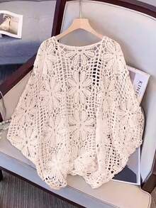 GlowEve CURVE Plus Size Women's Floral Hollow Round Neck Batwing Sleeve Loose Sweater, Spring & Summer Knit Pullover Fall Winter Autumn - Beige - View 5