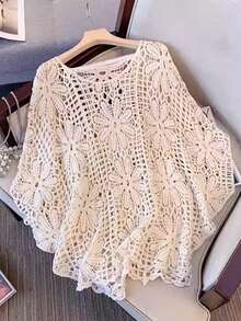 GlowEve CURVE Plus Size Women's Floral Hollow Round Neck Batwing Sleeve Loose Sweater, Spring & Summer Knit Pullover Fall Winter Autumn - Beige - View 4