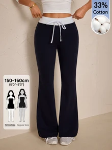SHEIN PETITE Women's Contrast Color Waist Tie Casual Flare Sweatpants - Blue - View 10