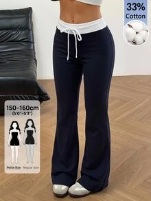 SHEIN PETITE Women's Contrast Color Waist Tie Casual Flare Sweatpants - Blue - View 1