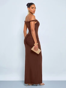 SOLERSUN Autumn/Winter Women's Party Dress, Brown Elastic Fabric, Asymmetrical Shoulder Twisted Knot, Hip Ruched Twist, Front Side Slit, Extra Long Dress - Coffee Brown - View 3