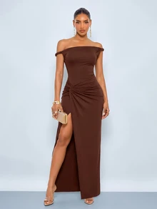 SOLERSUN Autumn/Winter Women's Party Dress, Brown Elastic Fabric, Asymmetrical Shoulder Twisted Knot, Hip Ruched Twist, Front Side Slit, Extra Long Dress - Coffee Brown - View 8