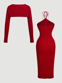 SHEIN MOD Bộ 2 món váy midi ôm sát dệt kim gân màu đỏ thanh lịch và áo cardigan dáng ngắn cho nữ, Năm mới, Sang trọng, Du lịch - Đỏ - Xem 4