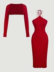 SHEIN MOD Bộ 2 món váy midi ôm sát dệt kim gân màu đỏ thanh lịch và áo cardigan dáng ngắn cho nữ, Năm mới, Sang trọng, Du lịch - Đỏ - Xem 2