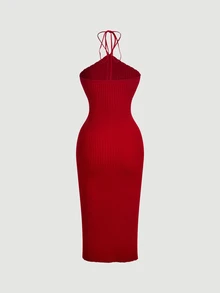 SHEIN MOD Bộ 2 món váy midi ôm sát dệt kim gân màu đỏ thanh lịch và áo cardigan dáng ngắn cho nữ, Năm mới, Sang trọng, Du lịch - Đỏ - Xem 9