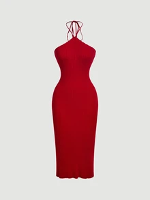 SHEIN MOD Bộ 2 món váy midi ôm sát dệt kim gân màu đỏ thanh lịch và áo cardigan dáng ngắn cho nữ, Năm mới, Sang trọng, Du lịch - Đỏ - Xem 8