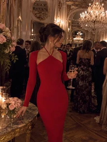 SHEIN MOD Bộ 2 món váy midi ôm sát dệt kim gân màu đỏ thanh lịch và áo cardigan dáng ngắn cho nữ, Năm mới, Sang trọng, Du lịch - Đỏ - Xem 5