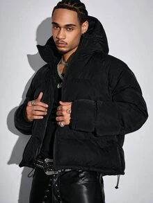 ROMWE MEN Street Life Men's Streetwear Loose Padded Coat - Black - View 1