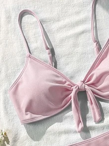 SHEIN Swim Women's 2 Pieces Bikini Swimwear Set, Double Shoulder Straps, Light Pink Ribbed Fabric, Two Pieces Swimwear For Beach, Island Vacation, Pool Party, Casual Versatile - Pink - View 3
