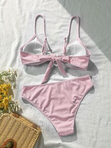 SHEIN Swim Women's 2 Pieces Bikini Swimwear Set, Double Shoulder Straps, Light Pink Ribbed Fabric, Two Pieces Swimwear For Beach, Island Vacation, Pool Party, Casual Versatile - Pink - View 6