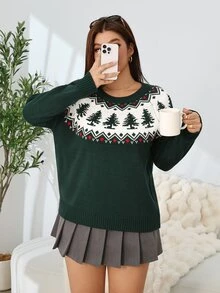 Solflare Plus Size Women's Fall Christmas Casual Matching Kawaii 1920 Vintage 80s Tree Pattern Knit Sweater Pullover Top Evening Vacation White And Green - Green - View 4