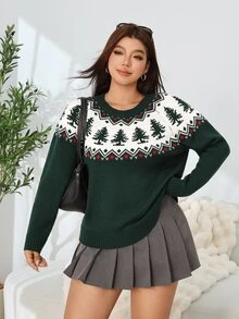 Solflare Plus Size Women's Fall Christmas Casual Matching Kawaii 1920 Vintage 80s Tree Pattern Knit Sweater Pullover Top Evening Vacation White And Green - Green - View 6