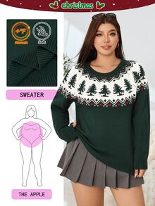 Solflare Plus Size Women's Fall Christmas Casual Matching Kawaii 1920 Vintage 80s Tree Pattern Knit Sweater Pullover Top Evening Vacation White And Green - Green - View 1