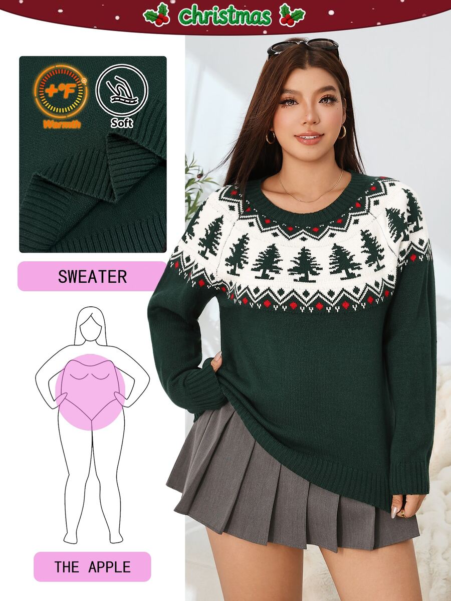 Solflare Plus Size Women's Fall Christmas Casual Matching Kawaii 1920 Vintage 80s Tree Pattern Knit Sweater Pullover Top Evening Vacation White And Green - Green - View 1