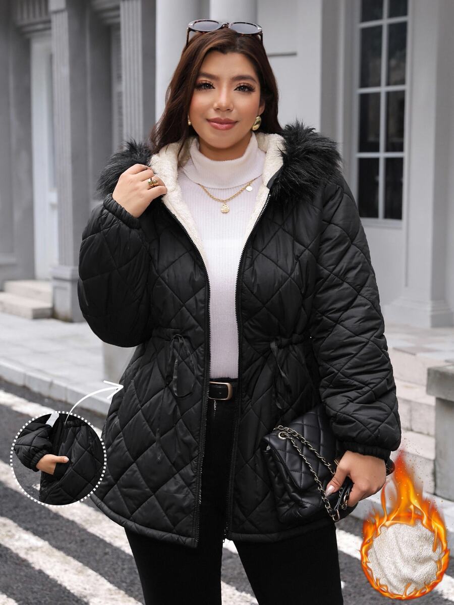 Comfylo Plus Size Women's Solid Color Long Sleeve Zipper Front Drawstring Waist Hooded Winter Jacket - Black - View 1