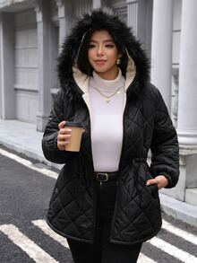 Comfylo Plus Size Women's Solid Color Long Sleeve Zipper Front Drawstring Waist Hooded Winter Jacket - Black - View 5