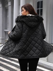 Comfylo Plus Size Women's Solid Color Long Sleeve Zipper Front Drawstring Waist Hooded Winter Jacket - Black - View 7