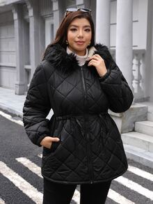 Comfylo Plus Size Women's Solid Color Long Sleeve Zipper Front Drawstring Waist Hooded Winter Jacket - Black - View 6