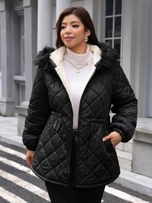 Comfylo Plus Size Women's Solid Color Long Sleeve Zipper Front Drawstring Waist Hooded Winter Jacket - Black - View 4