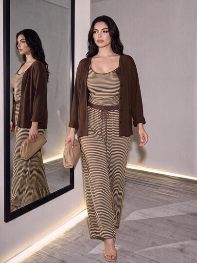 GlowEve CURVE Plus Size Solid Color Knit Cardigan, Front Button Closure, Striped Fitted Drawstring Decor, Elegant Casual Commute Daily Wear Pants Fall
