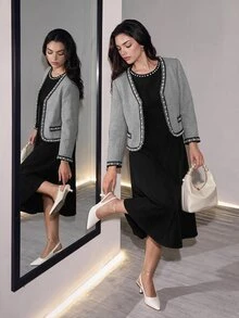 Formidée Setelan 2 Potong Wanita Ukuran Besar, Jaket Leher V Berhiaskan Mutiara dan Gaun Maxi Leher Bulat Elegan Warna Hitam dan Putih untuk Musim Gugur dan Musim Dingin, Cocok untuk Kerja, Pesta, dan Acara Santai - Hitam dan Putih - View 2