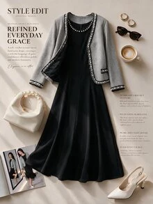 Formidée Setelan 2 Potong Wanita Ukuran Besar, Jaket Leher V Berhiaskan Mutiara dan Gaun Maxi Leher Bulat Elegan Warna Hitam dan Putih untuk Musim Gugur dan Musim Dingin, Cocok untuk Kerja, Pesta, dan Acara Santai - Hitam dan Putih - View 1