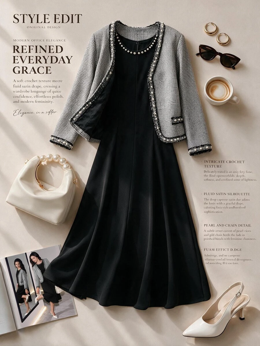 Formidée Setelan 2 Potong Wanita Ukuran Besar, Jaket Leher V Berhiaskan Mutiara dan Gaun Maxi Leher Bulat Elegan Warna Hitam dan Putih untuk Musim Gugur dan Musim Dingin, Cocok untuk Kerja, Pesta, dan Acara Santai - Hitam dan Putih - View 1